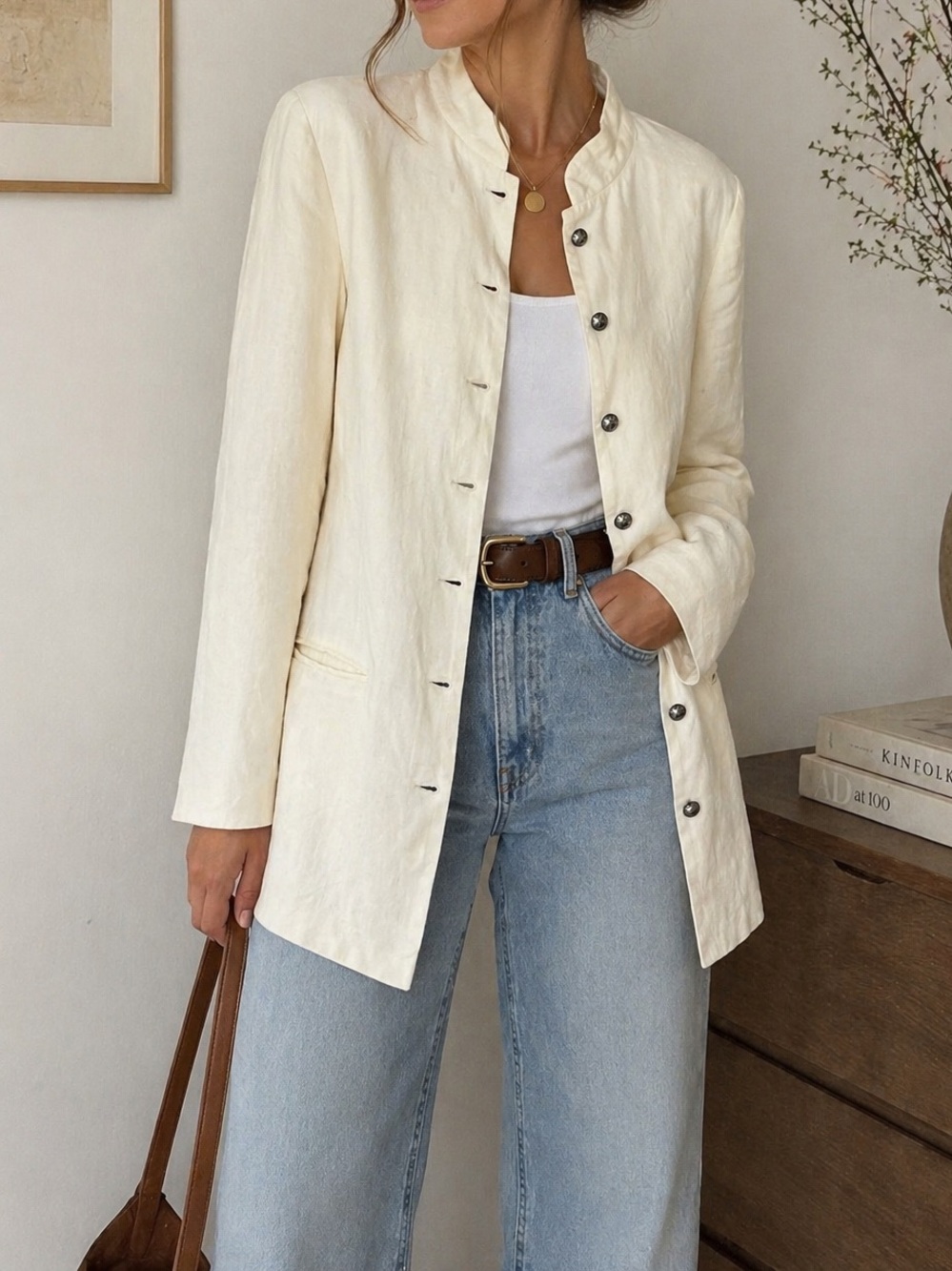 Express 90s Vintage Linen Blend Longline Tailored Blazer Ivory Sz 9/10